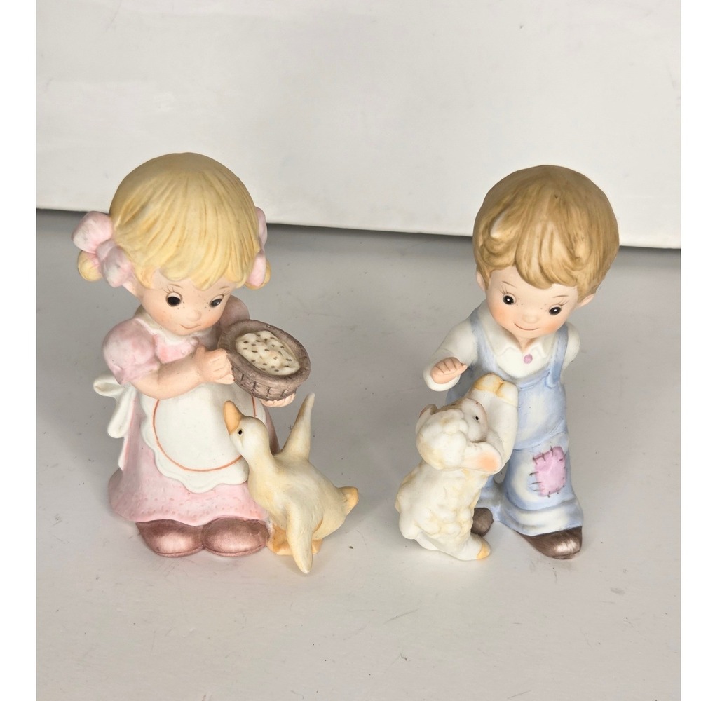 Home Interiors Porcelain Boy And Girl Figurines Denim Jean Overalls Lamb Goose